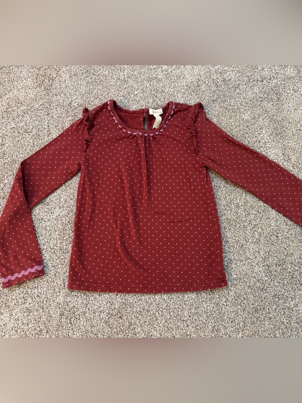 Matilda Jane Long Sleeve Maroon Top with Pink Polka Dots Size 8